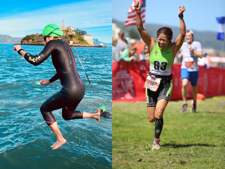 LEFT: Jumping off the boat during Water World Swim practice / RIGHT: Approaching the finish line in 2018 (I crashed on the bike course, so I was especially happy to see the finish)