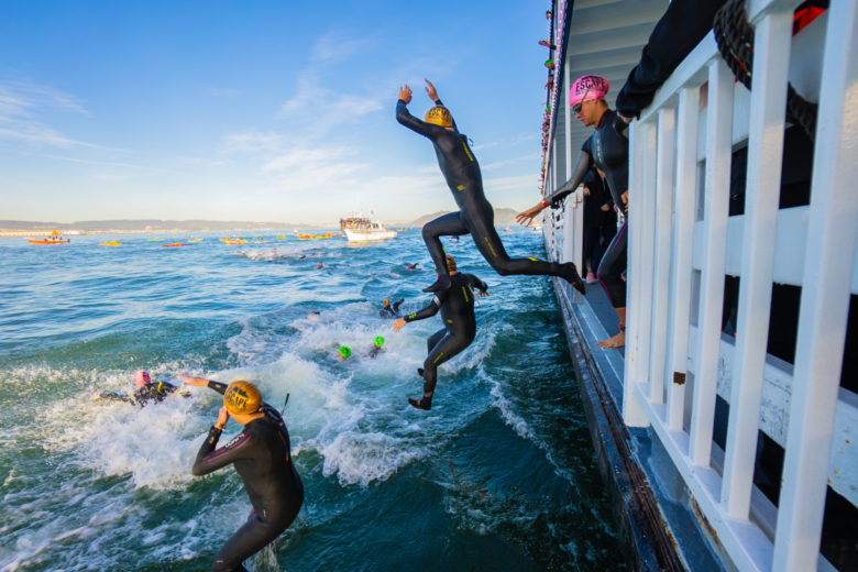 Athletes will jump from the San Francisco Spirit to start the swim
